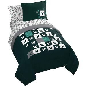 NEW Jay Franco Minecraft Creeper 7 piece Queen Comforter Set Bedding Black Green